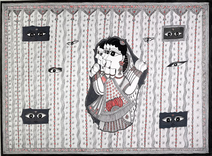 Painting of Indian women breaking through a curtain