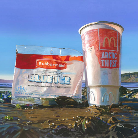 painting of cup and plastic bag found on beach