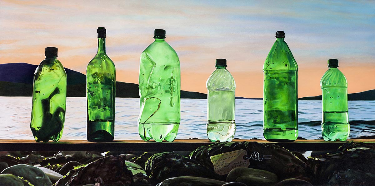 realist painting of 6 green bottles washed up on beach