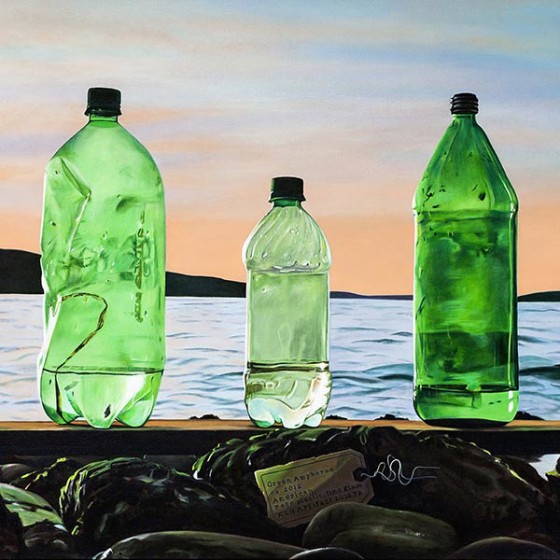 realist painting of green bottles washed up on beach