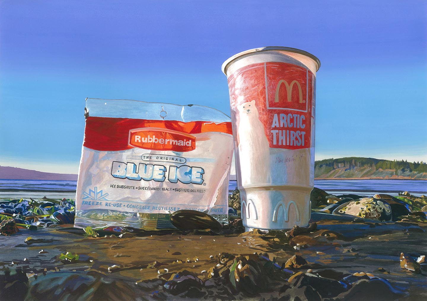 painting of cup and plastic bag found on beach