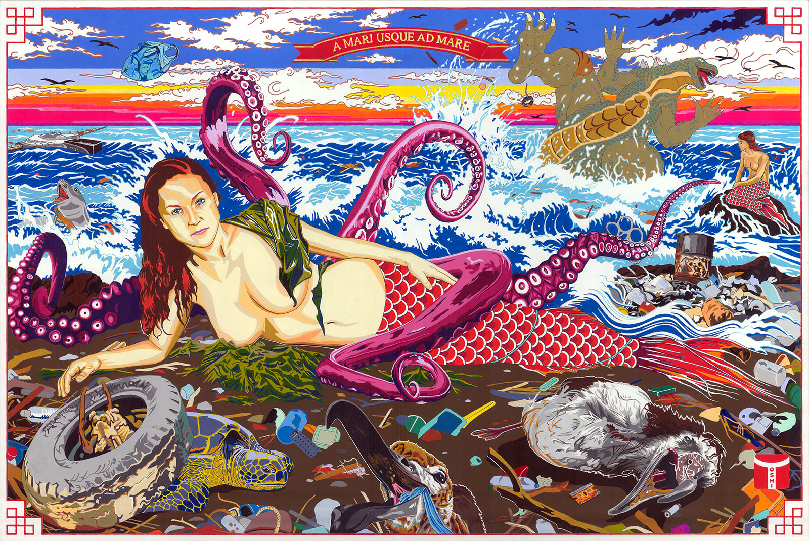 painting of mermaid amid beach trash and dead wildlife