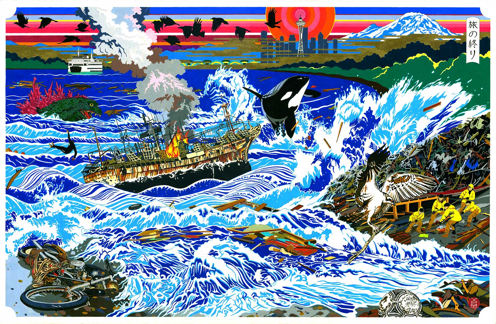 painting of waves and debris landing on shore