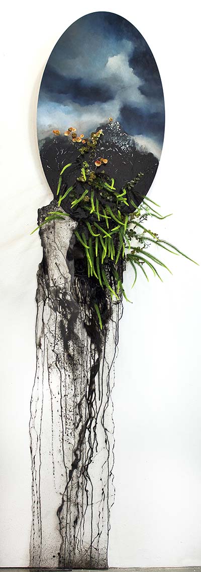 painting with black drips and plastic plants