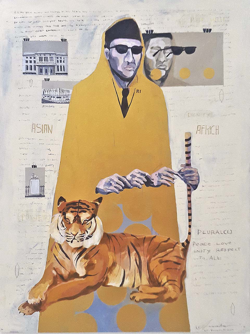 painting of man holding tiger by tail