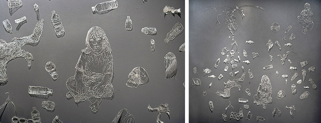 drawings of sea life and trash made from plastic