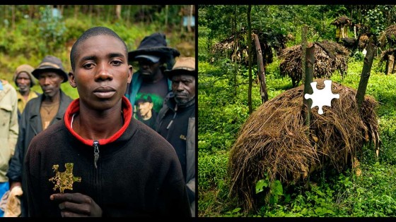 Africans in front of landscape with puzzle piece