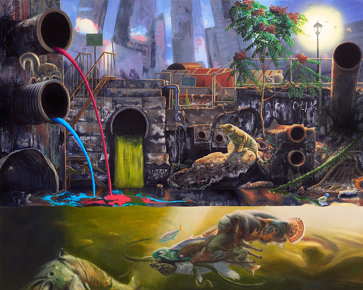 Painting of polluted Gowanus canal with strange creatures