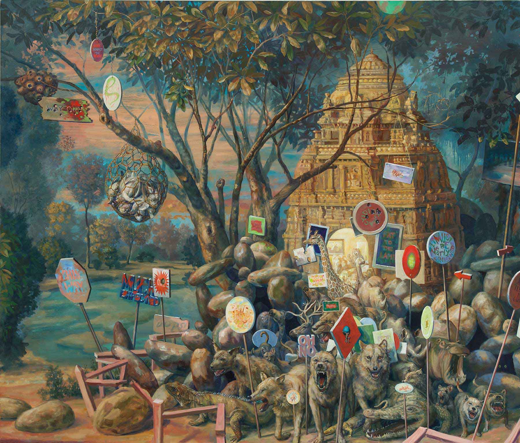 painting of temple burial mound with animals and signs
