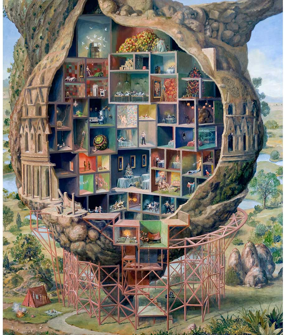 painting of a series of rooms built into a tree with scaffolding