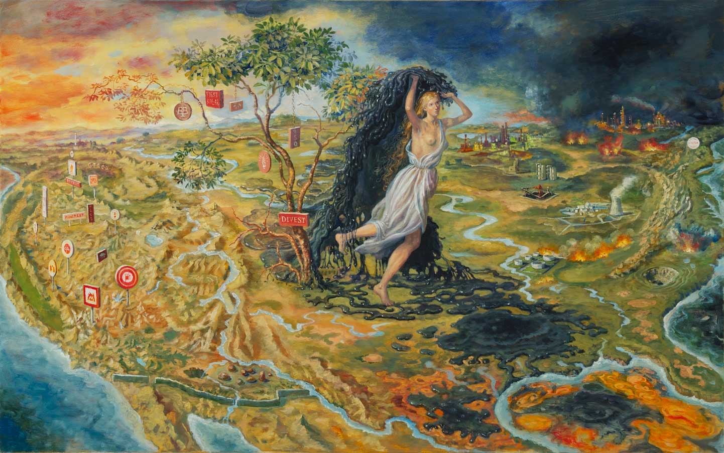 painting of woman carrying oil in fiery landscape