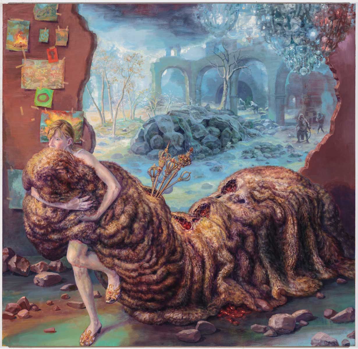 painting of woman dragging large, furry form