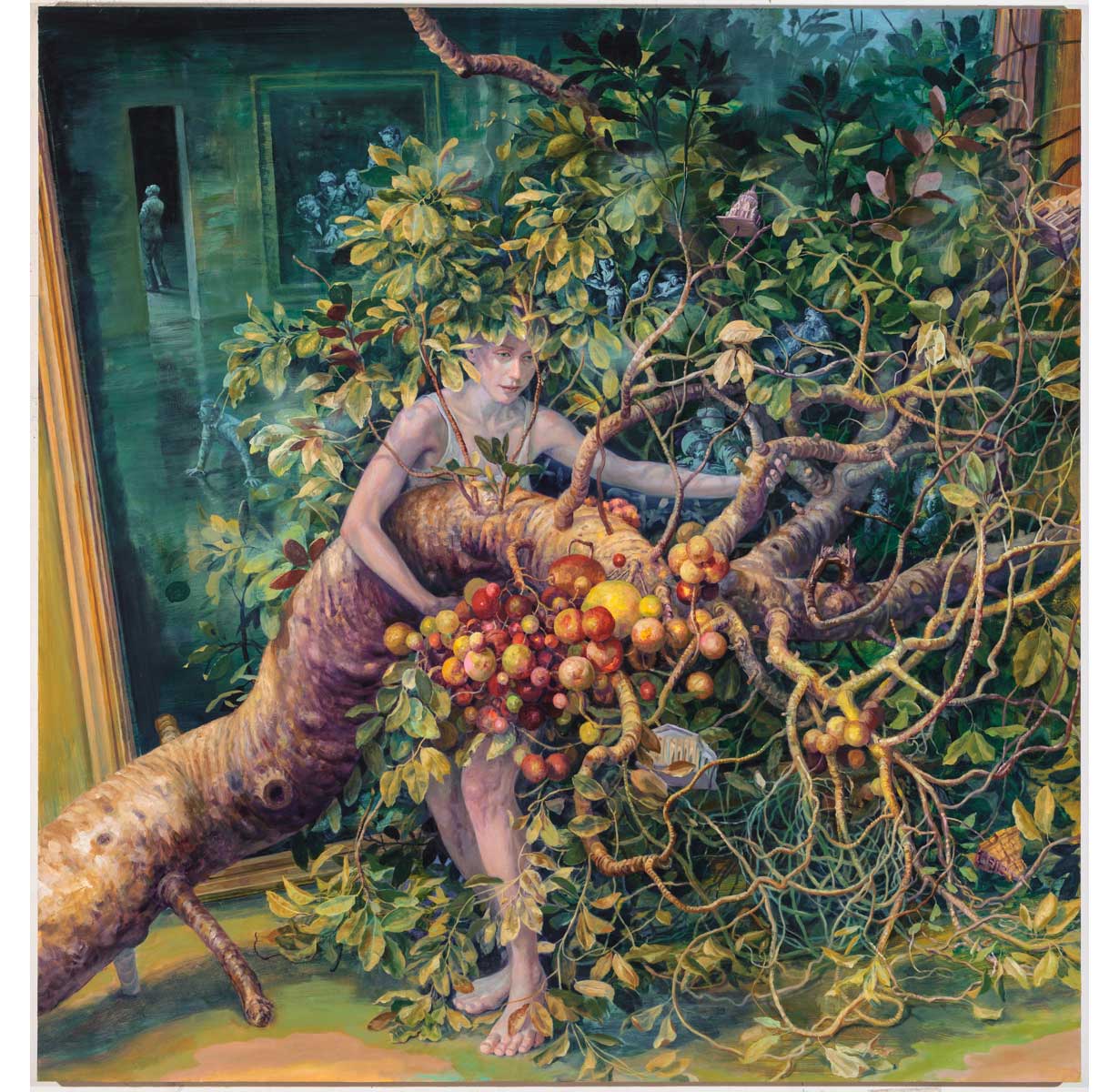 painting of a woman dragging a tree with fruit