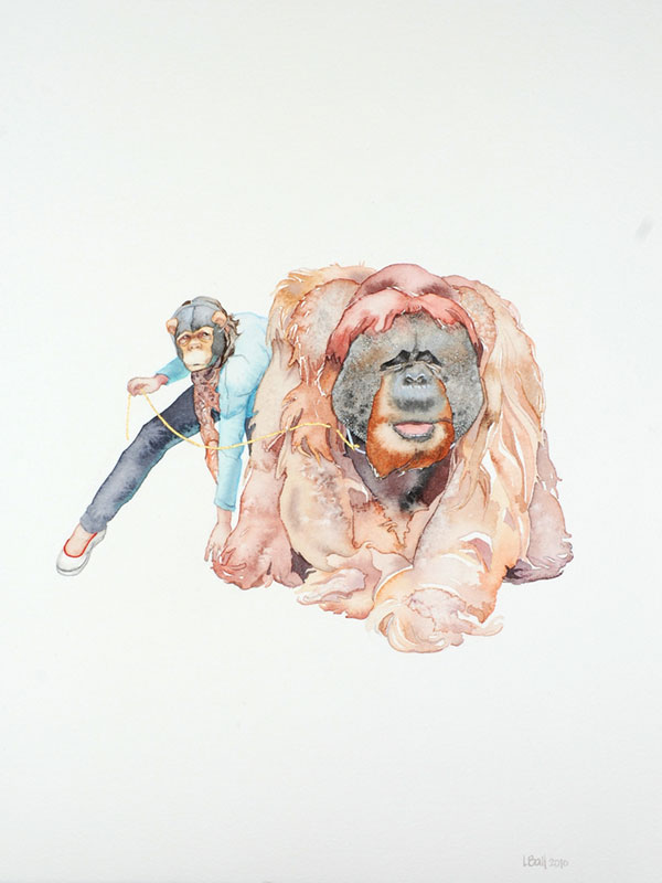 watercolor of person in monkey mask with orangutan