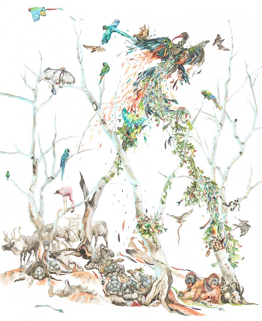 watercolor painting of wildlife woven together in shape of trees