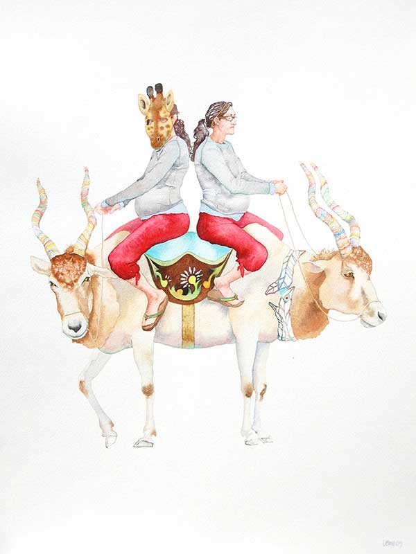 watercolor of person in giraffe mask riding antelope