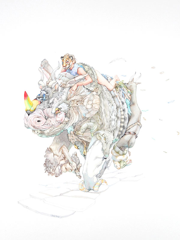 watercolor of person in tiger mask riding rhinoceros