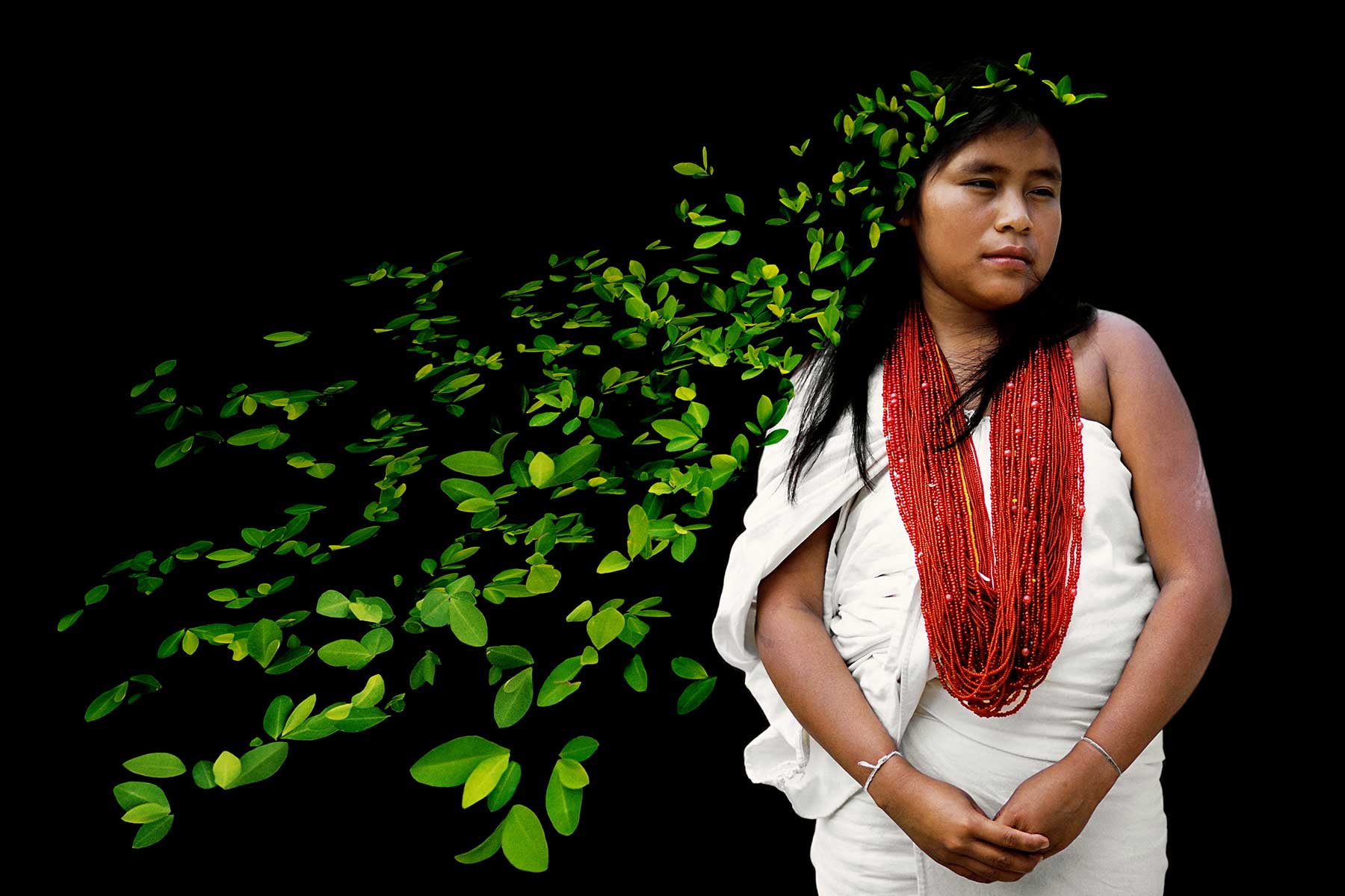 indigenous girl with leaves for hair