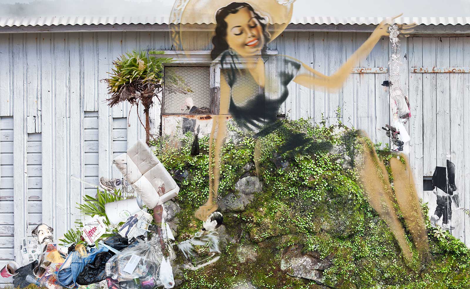 woman on hill with trash
