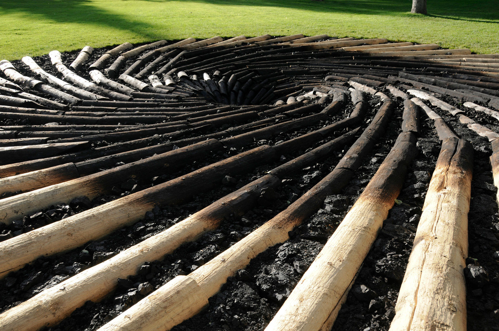 whirlpool pattern of charred pine trees