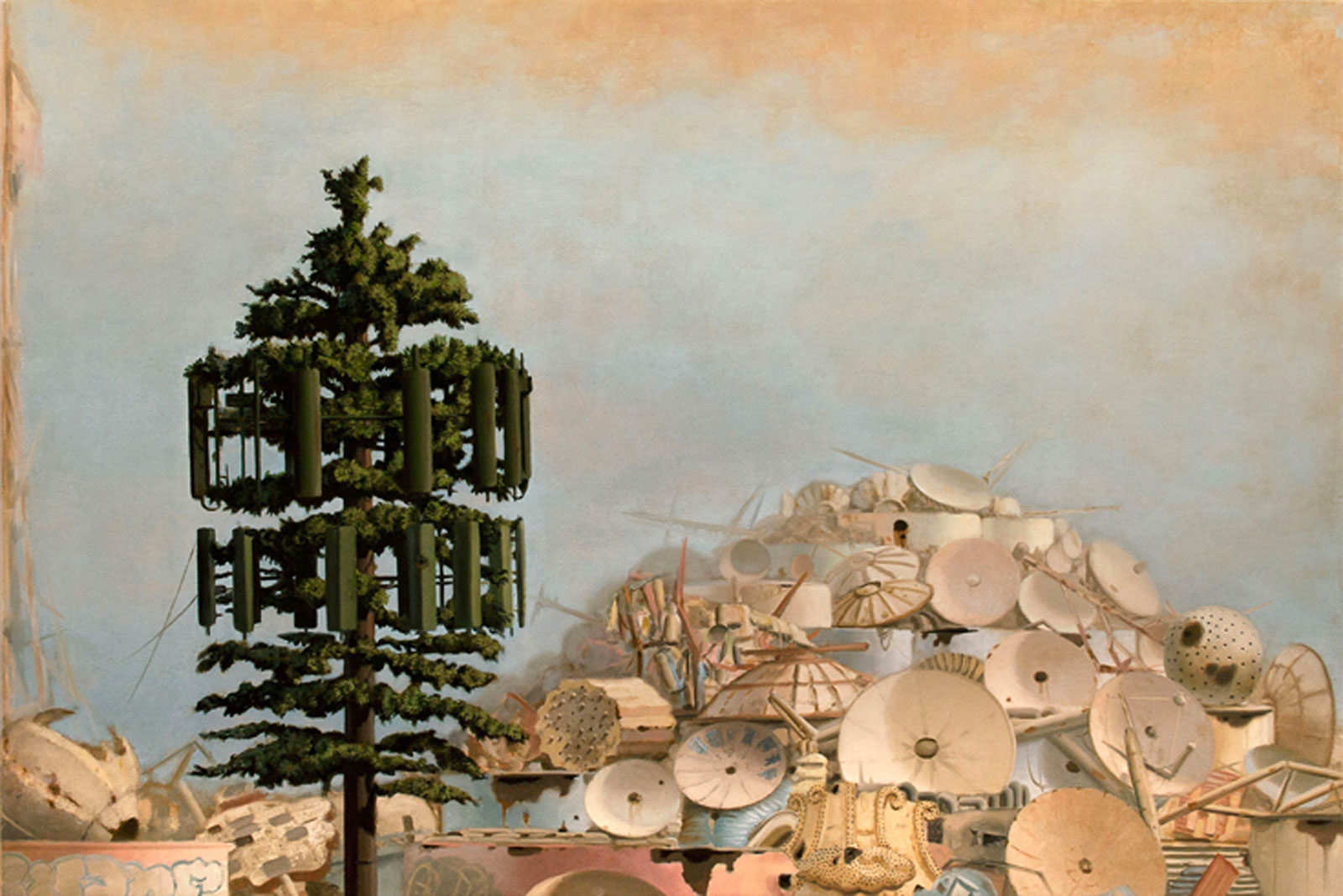 satellite dishes and celltower resembling a pine tree