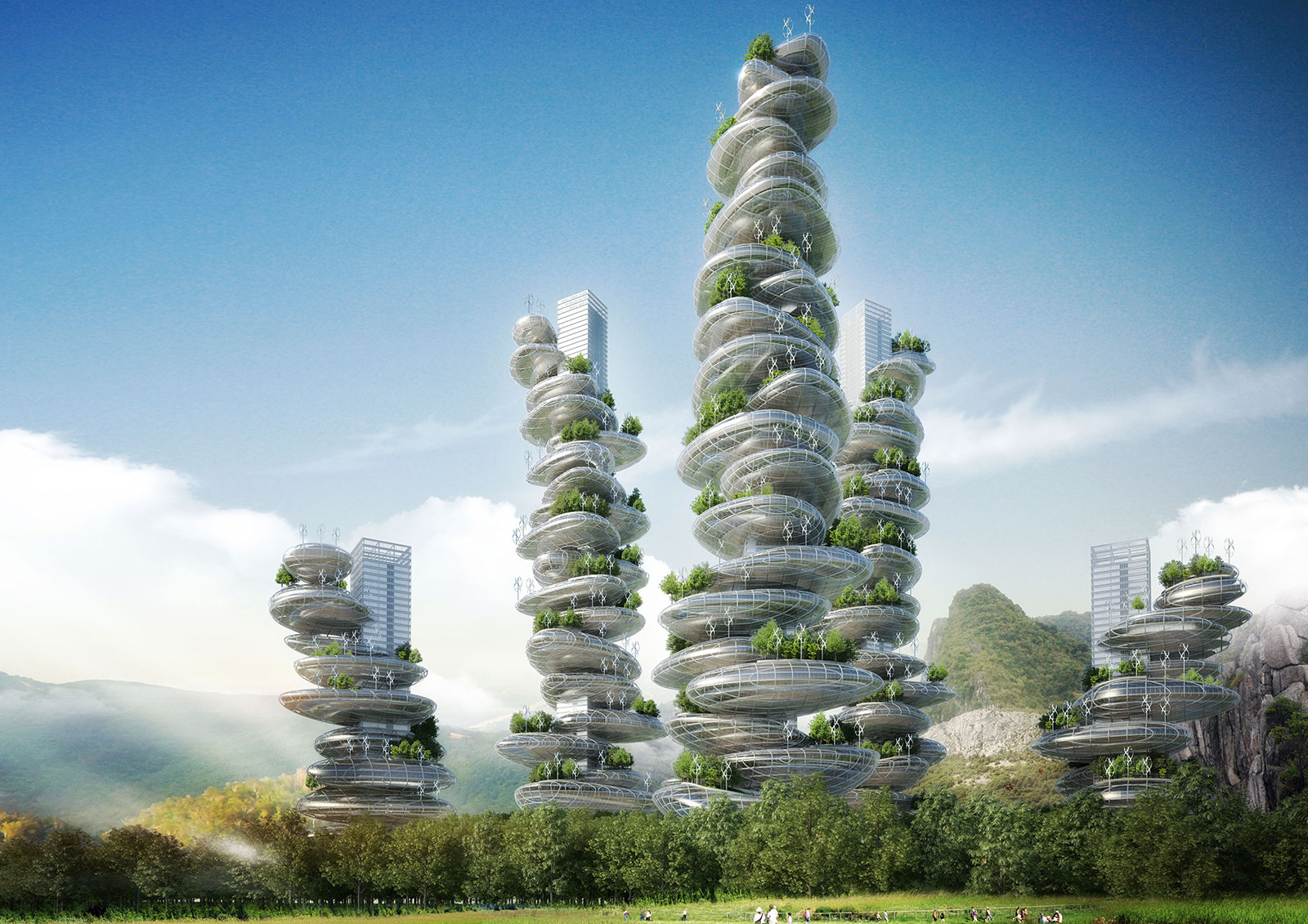 green architecture resembling cairns