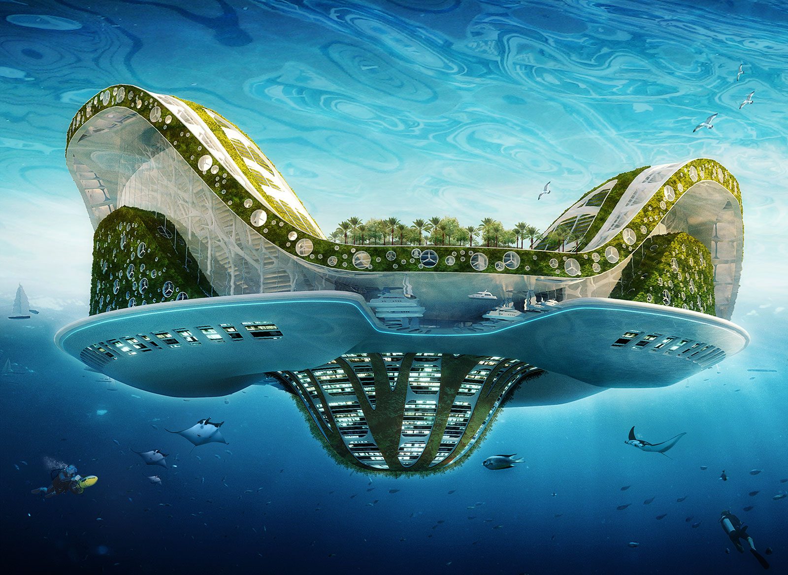 Floating architectural city shaped like lilypad