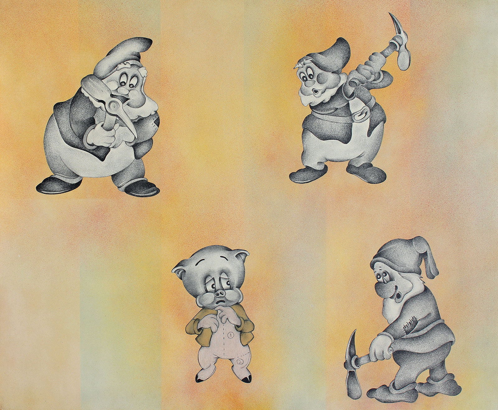 cartoon Disney dwarves threatening pig