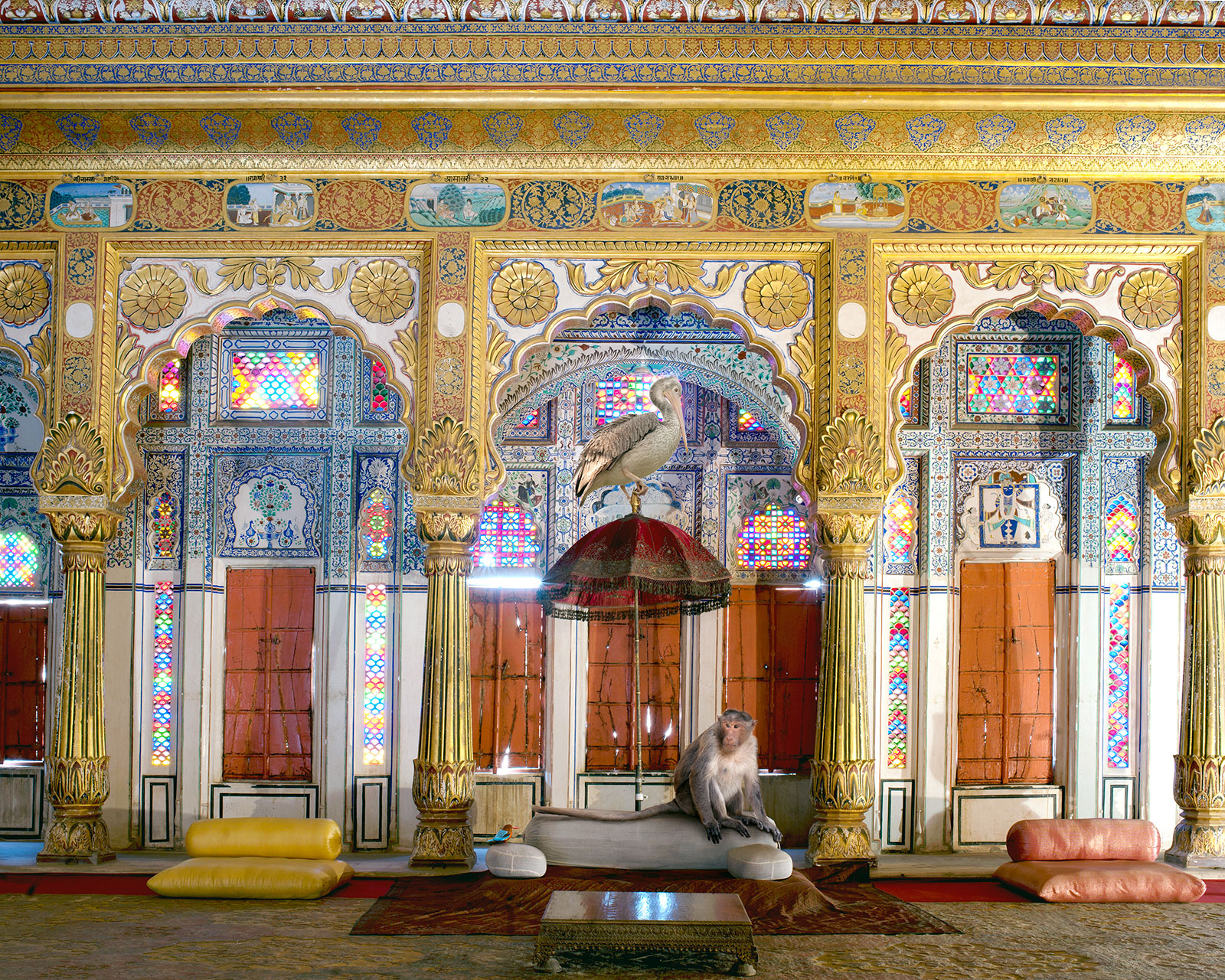 monkey and pelican in ornate Indian temple