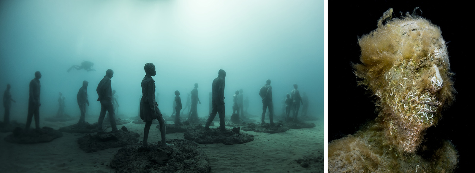 underwater sculptures of people walking