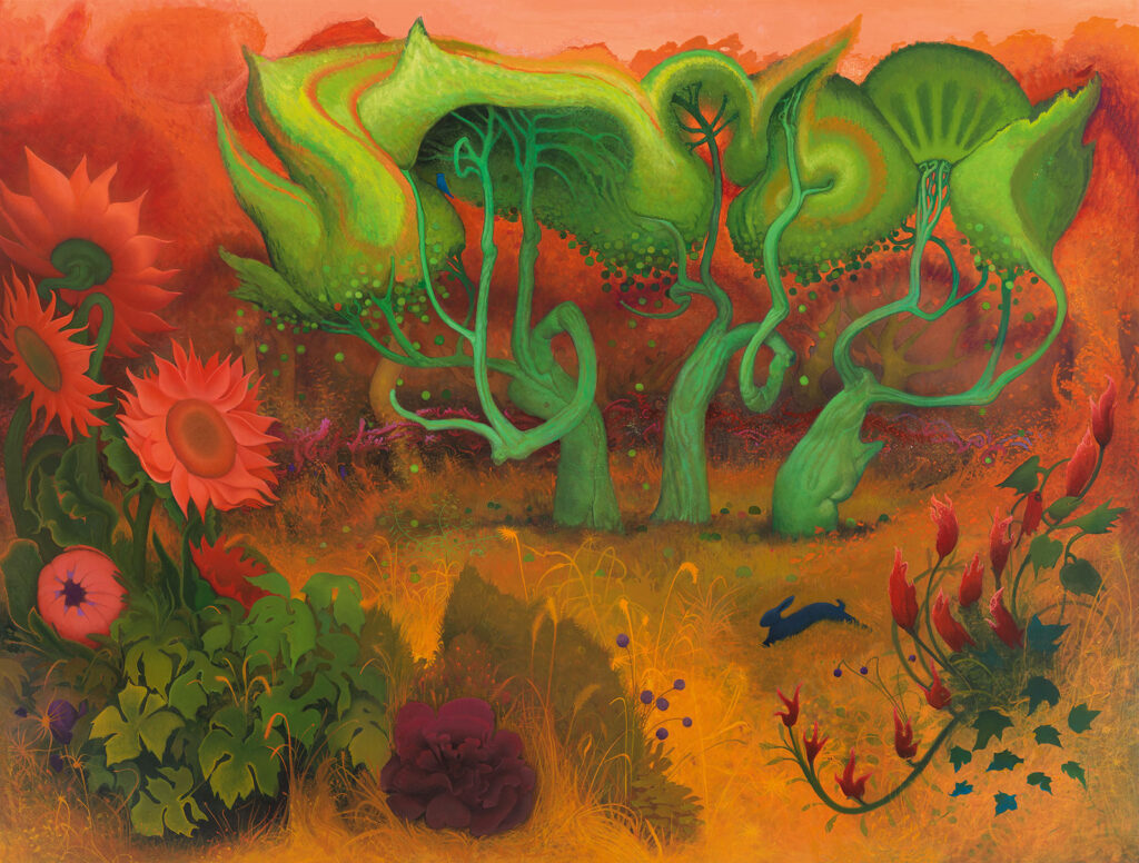 Colorful nature scene with trees and plants