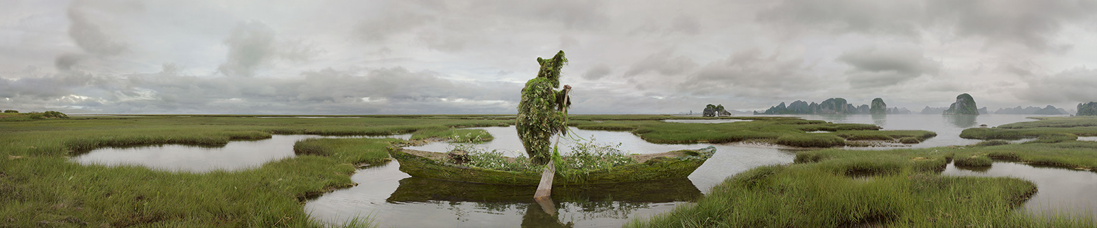 moss covered man in boat in wetland