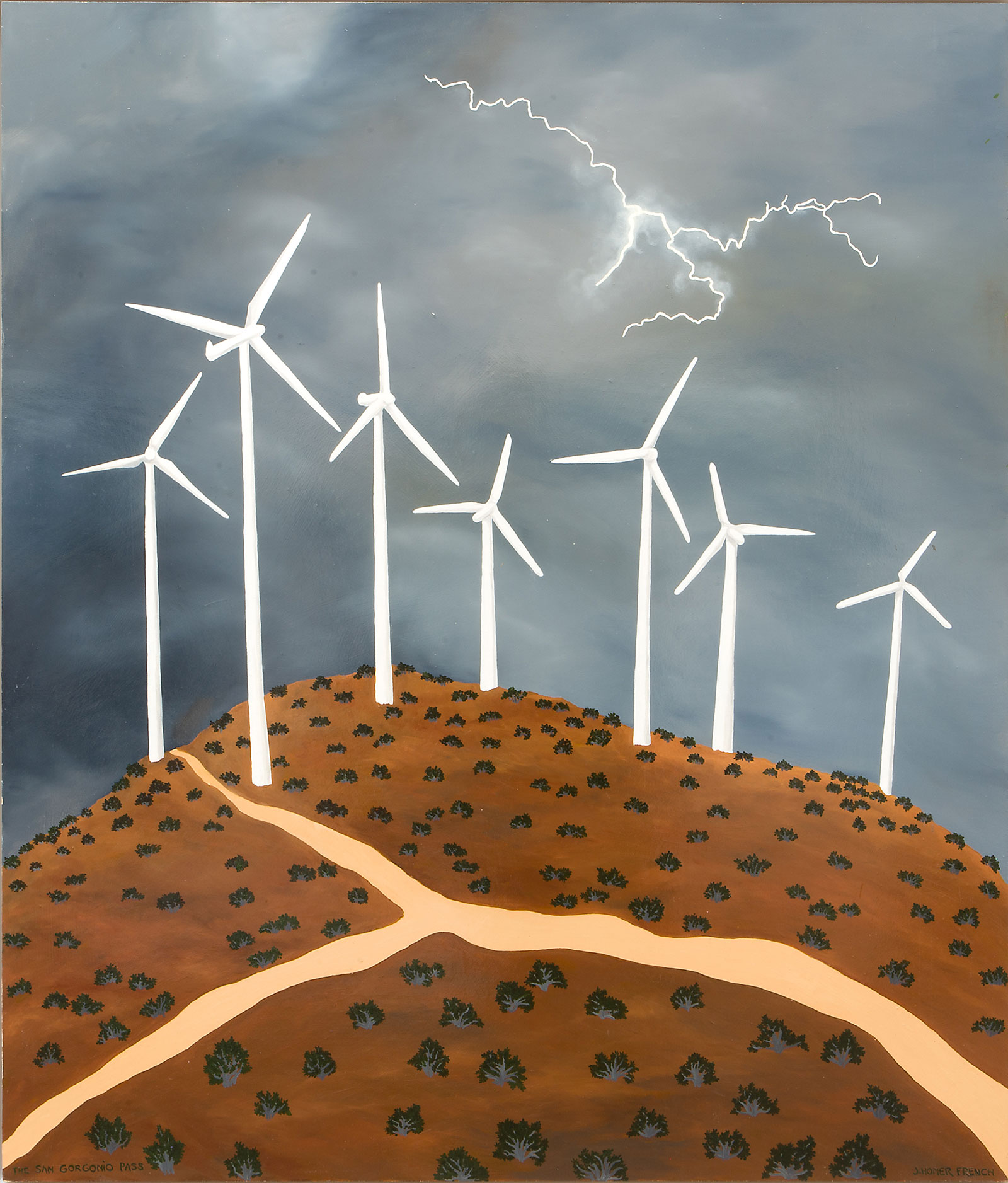 Wind turbines on hill with lightning
