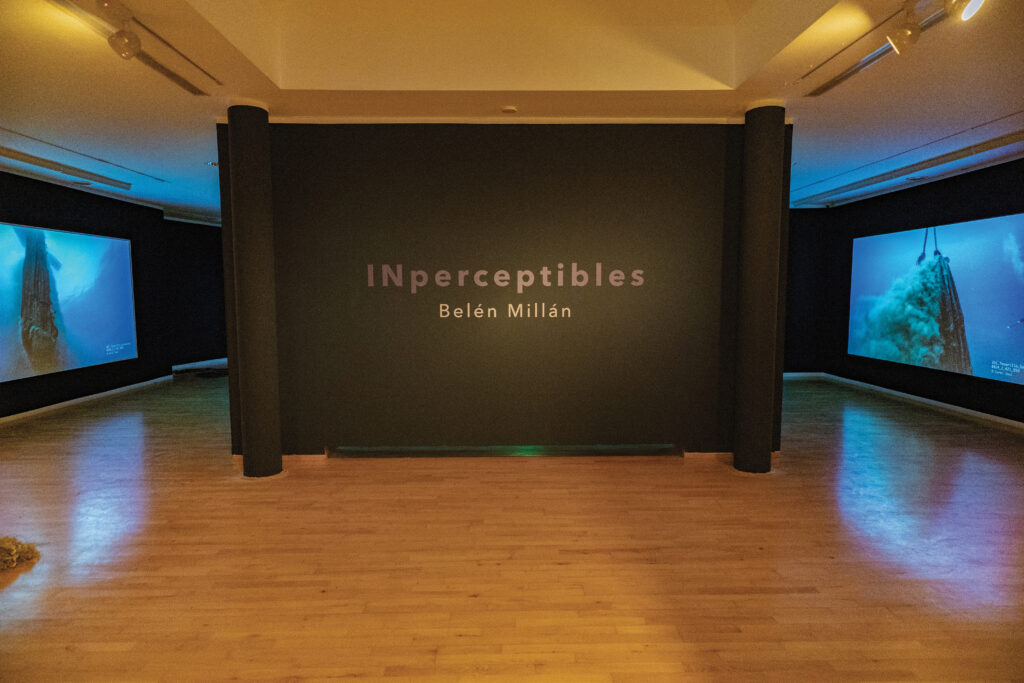 Exhibition sign bordered by two video screens