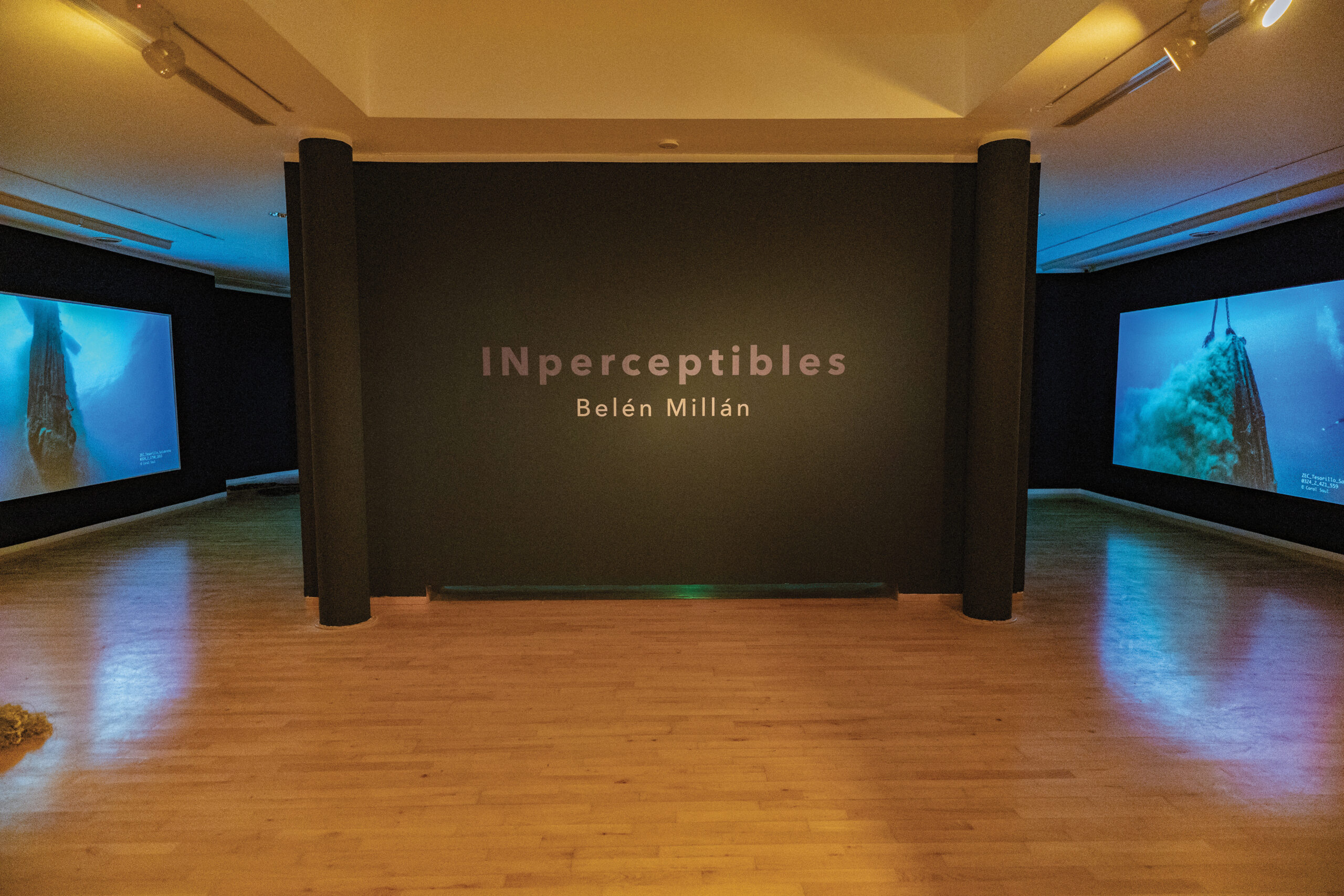 Exhibition sign bordered by two video screens