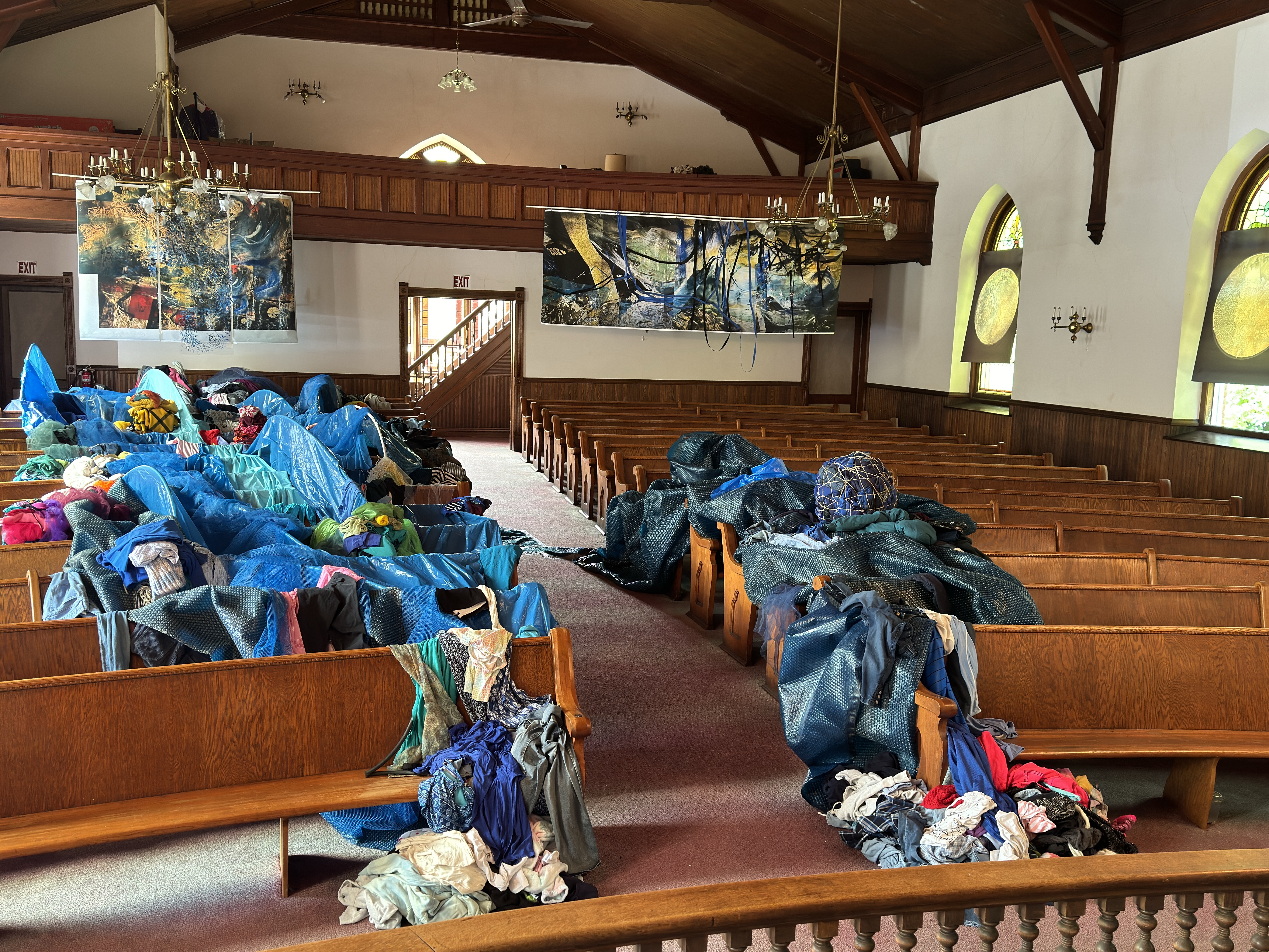 fabric and artwork installed in auditorium space